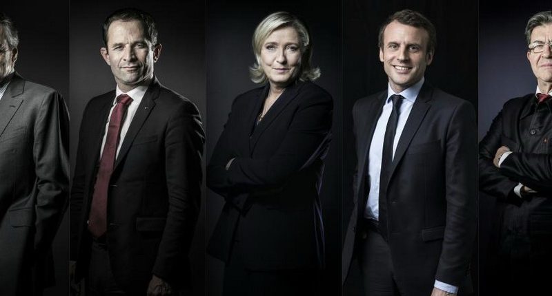 This combination of pictures created from file photographs on March 20, 2017 shows 2017 French presidential election candidates (L-R and arranged in alphabetical order) Francois Fillon of the Les Republicains (LR) Party, Benoit Hamon of the Socialist Party (PS), Marine Le Pen of the far-right National Front (FN), Emmanuel Macron of the En-Marche movement and Jean-Luc Melenchon of the far left coalition "La France insoumise". France's presidential election moves into high gear on March 20, 2017 when the top five contenders face off in a TV debate that could help sway legions of undecided voters, a month before they go to the polls. / AFP PHOTO / JOEL SAGET AND Eric FEFERBERG